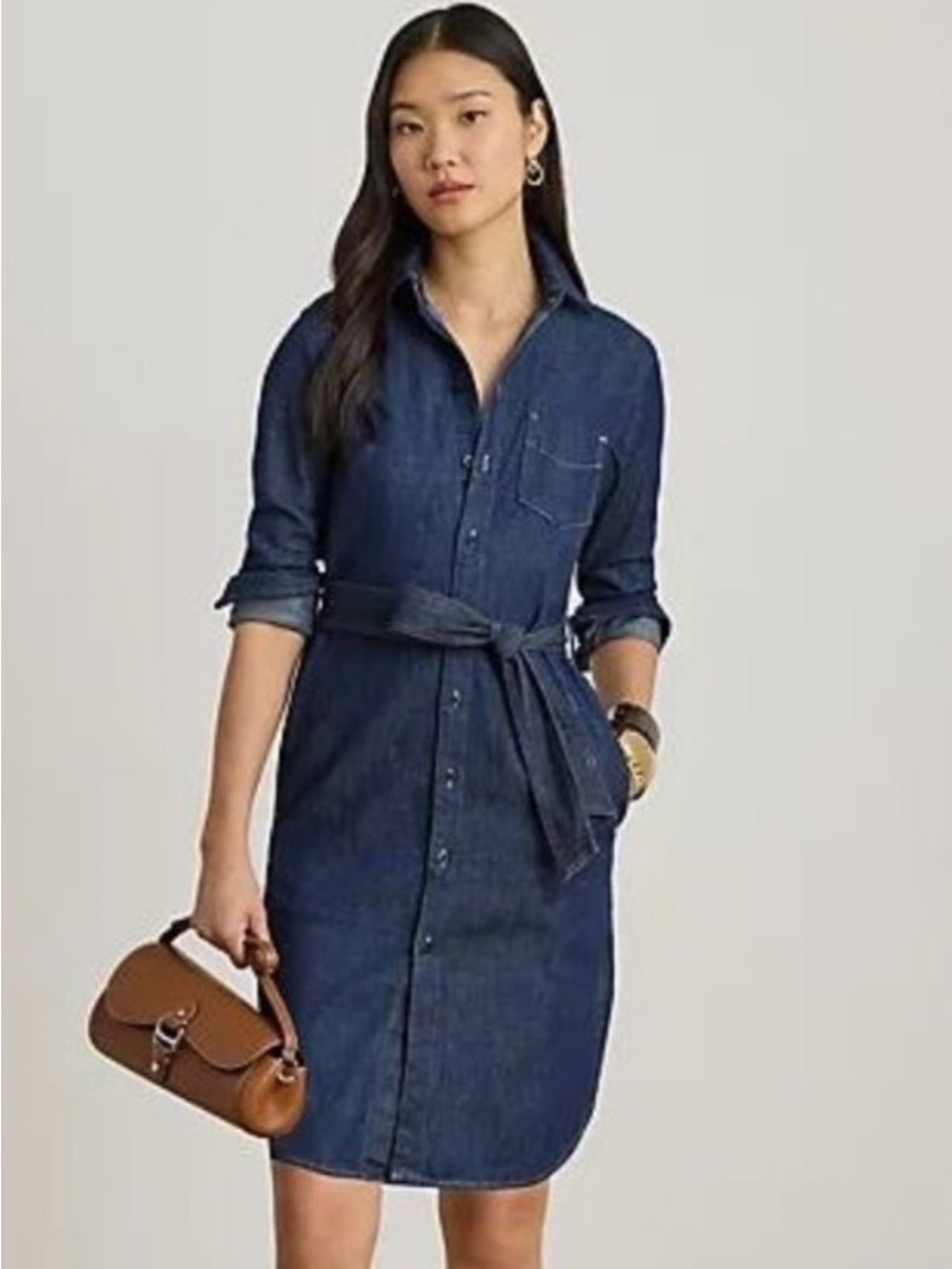 Lauren Ralph Lauren Belted Dark Blue Denim Shirt Dress with Self Tie